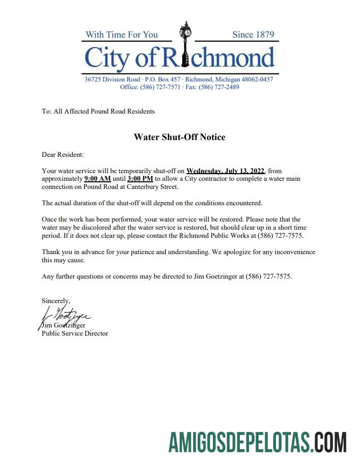 imprimível Aviso de desligamento da conta de serviços públicos de água, cidade de Richmond, EUA, Michigan, modelo Word e PDF